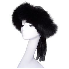 Vintage Mongolian Style Black Fox Fur & Leather Hat With Detachable Tails