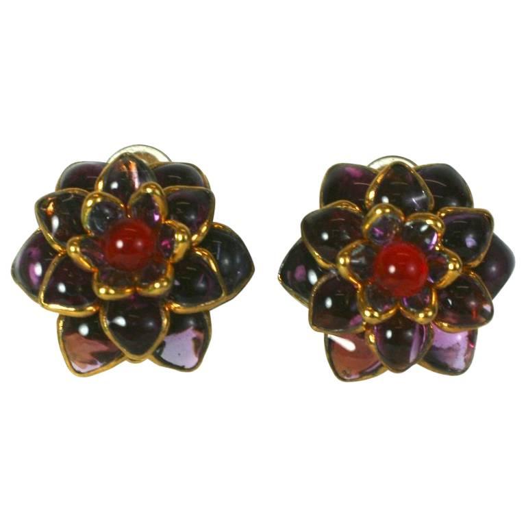 MWLC Amythest Poured Glass Zinnia Earclips For Sale