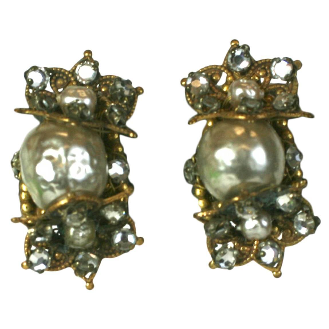 Miriam Haskell Baroque Pearl and Diamante Earclips