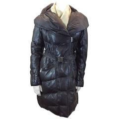 Fontanelli Brown Leather and Nylon Belted Puffer Coat