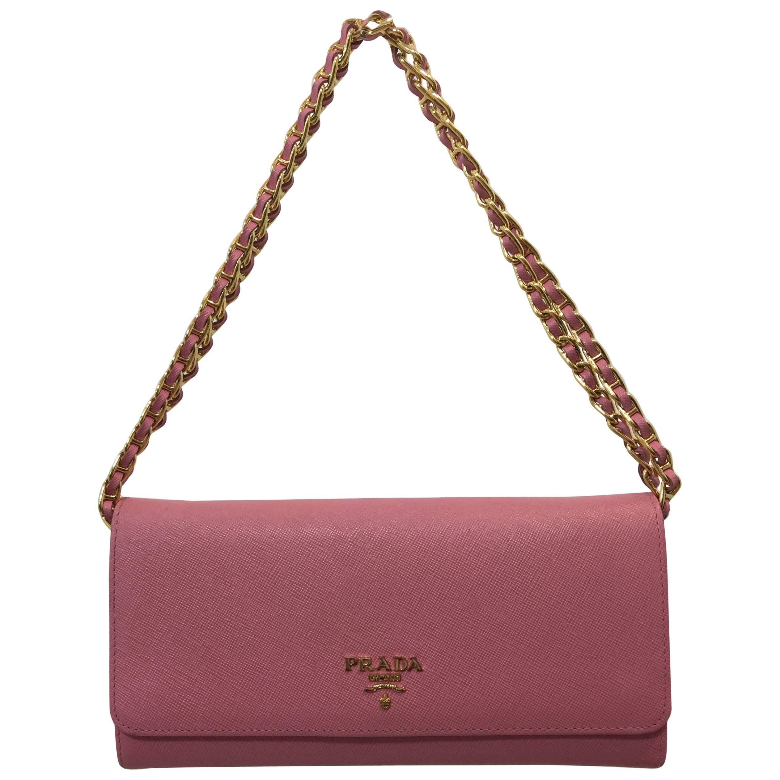 Prada Pink Saffiano Leather Wallet on a Chain 