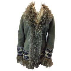 New Olive Green Shearling Trimmed with Mongolian Lamb Fur