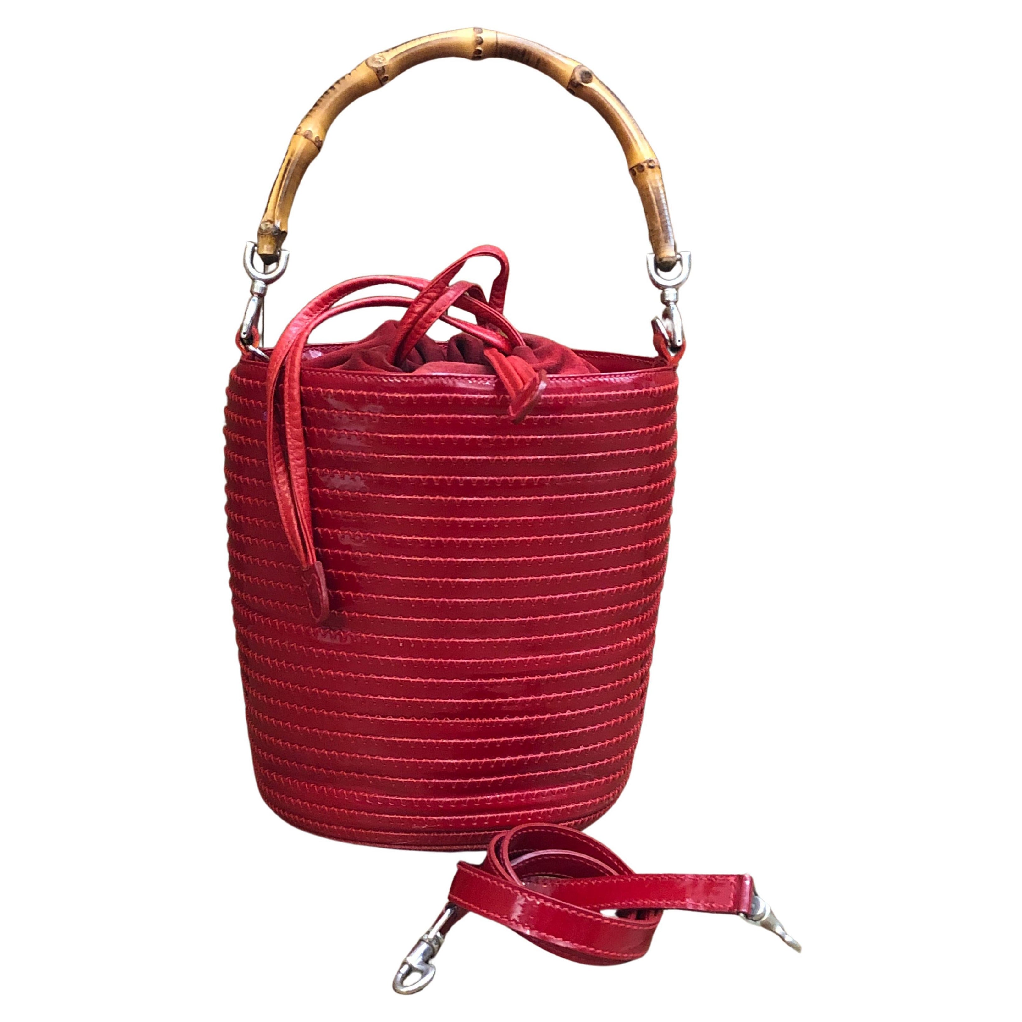 1990s Vintage GUCCI Patent Leather Bamboo Bucket Bag Drawstring Red For Sale