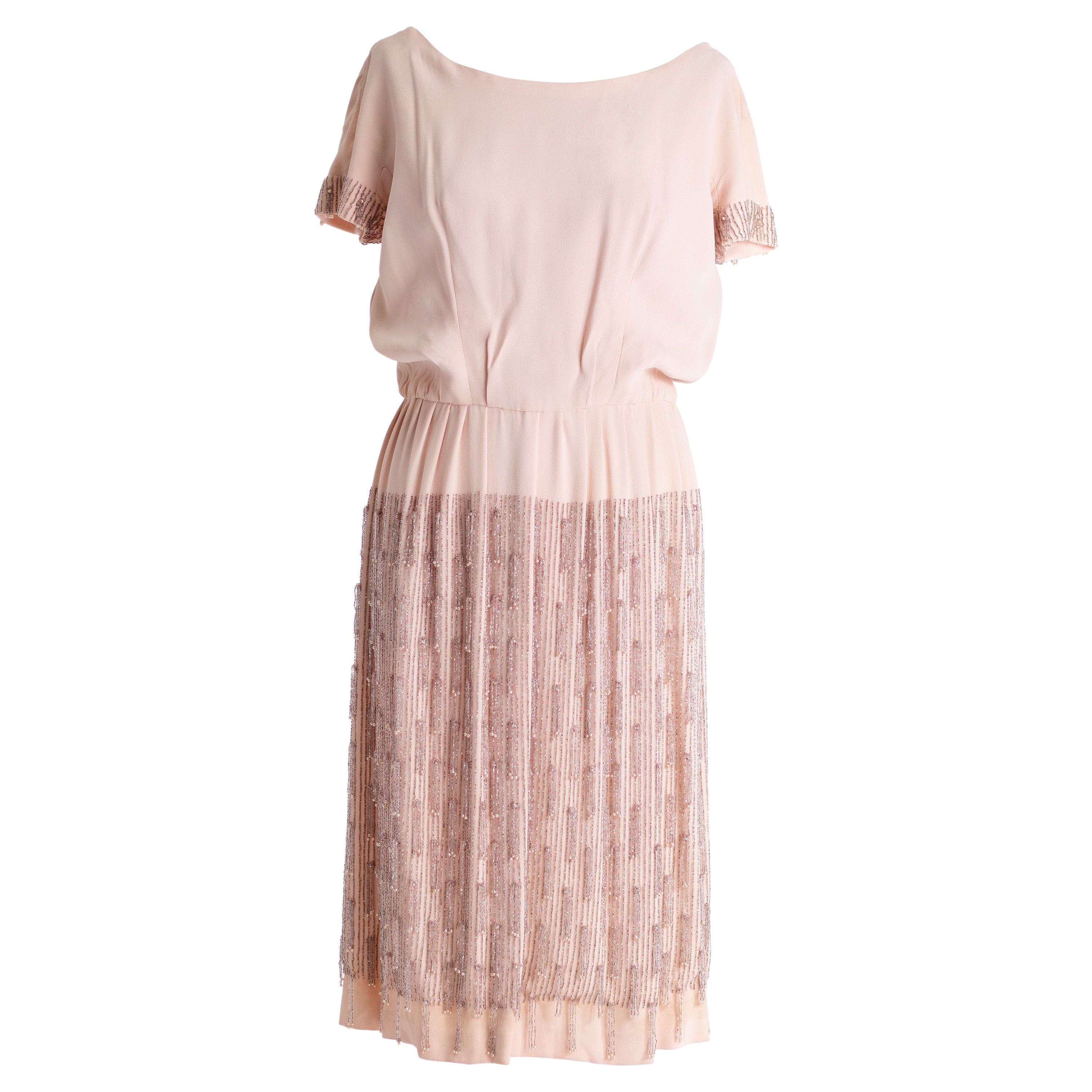 1960s Bernard Sagardoy light pink vintage dress with beaded skirt For Sale