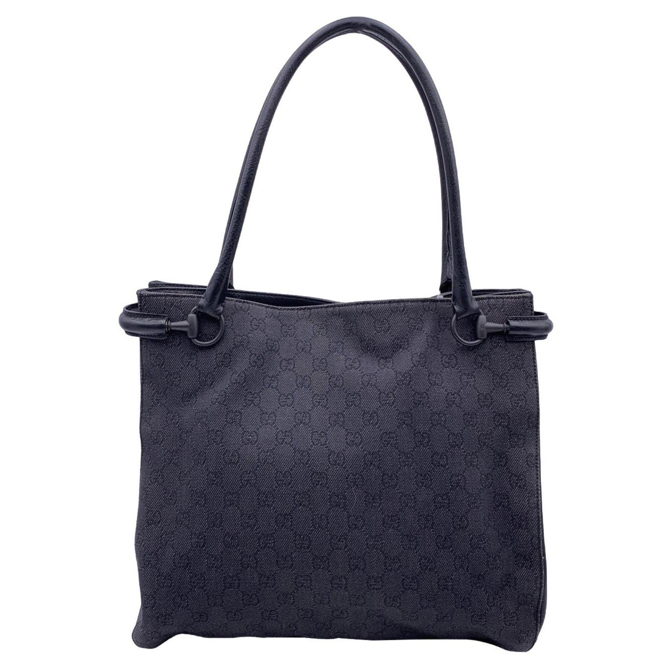 Gucci Black Denim Canvas Shoulder Bag Shopping Tote For Sale