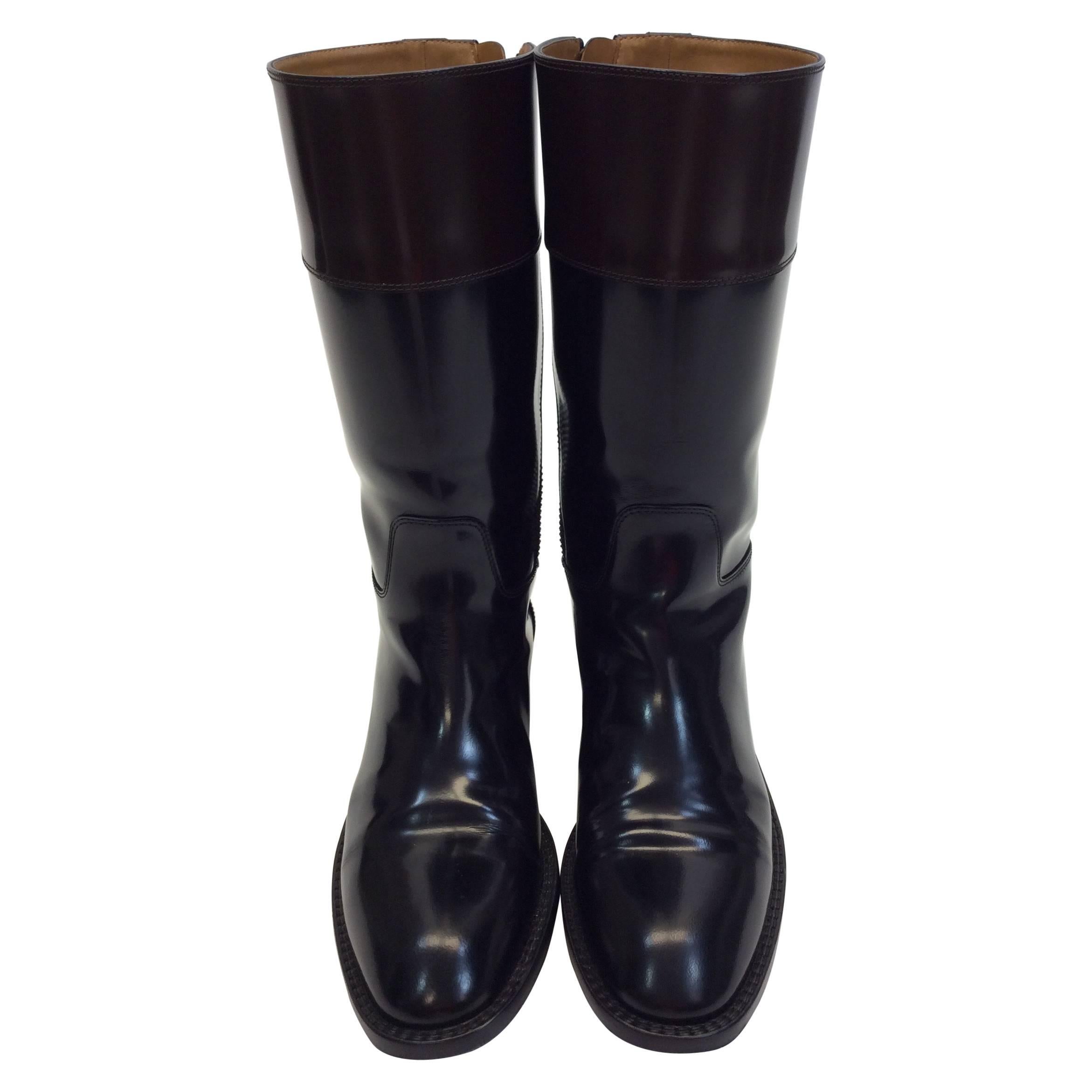 Saint Laurent Black and Brown Patent Leather Boots For Sale