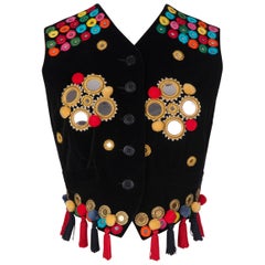 Automne 1992 Documenté Dolce & Gabbana Gilet en velours noir appliqué de miroirs et de glands