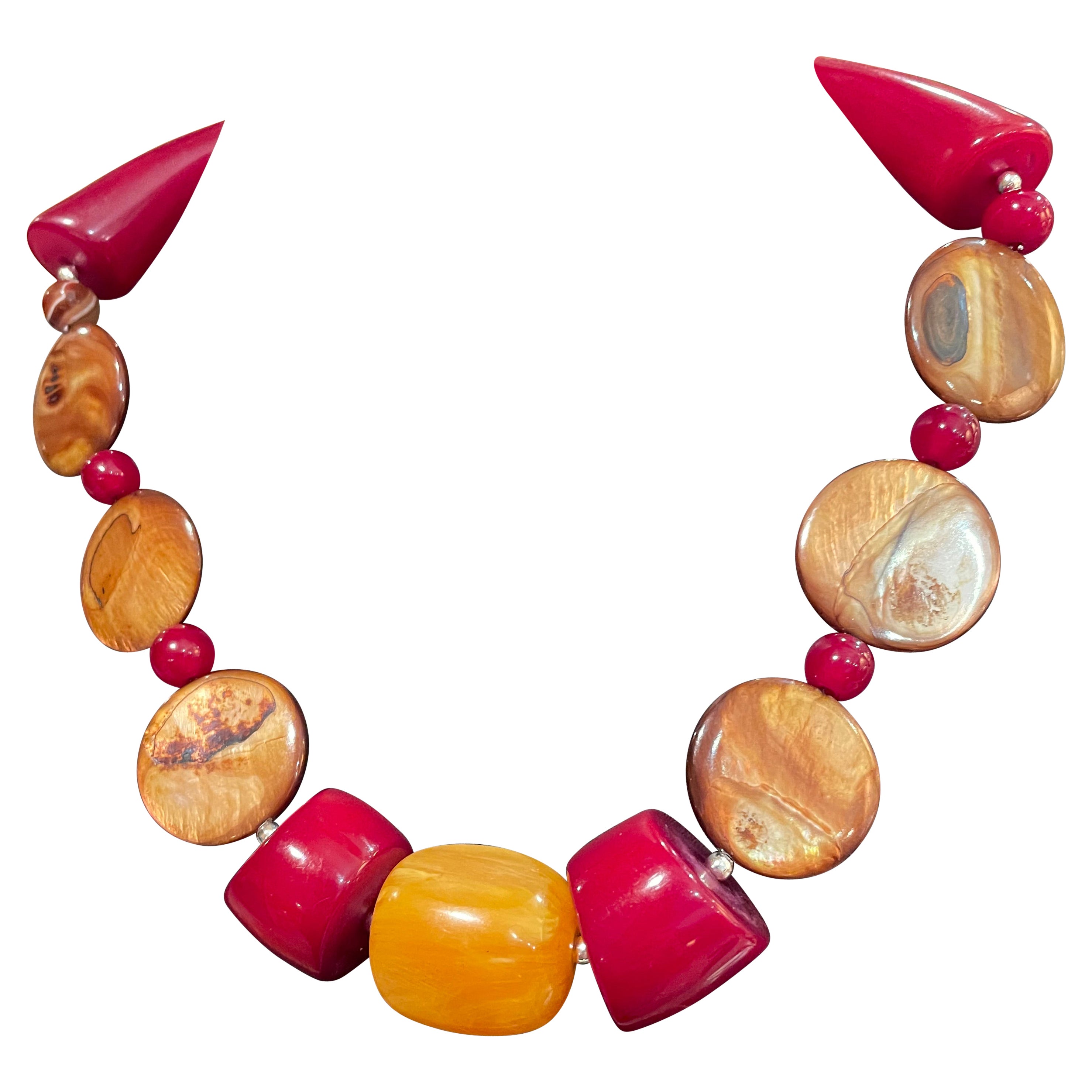 LB one of a kind Indian Resin Gold and Cranberry colored necklace with silver  For Sale