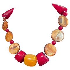 LB one of a kind Indian Resin Gold and Cranberry colored necklace with silver 