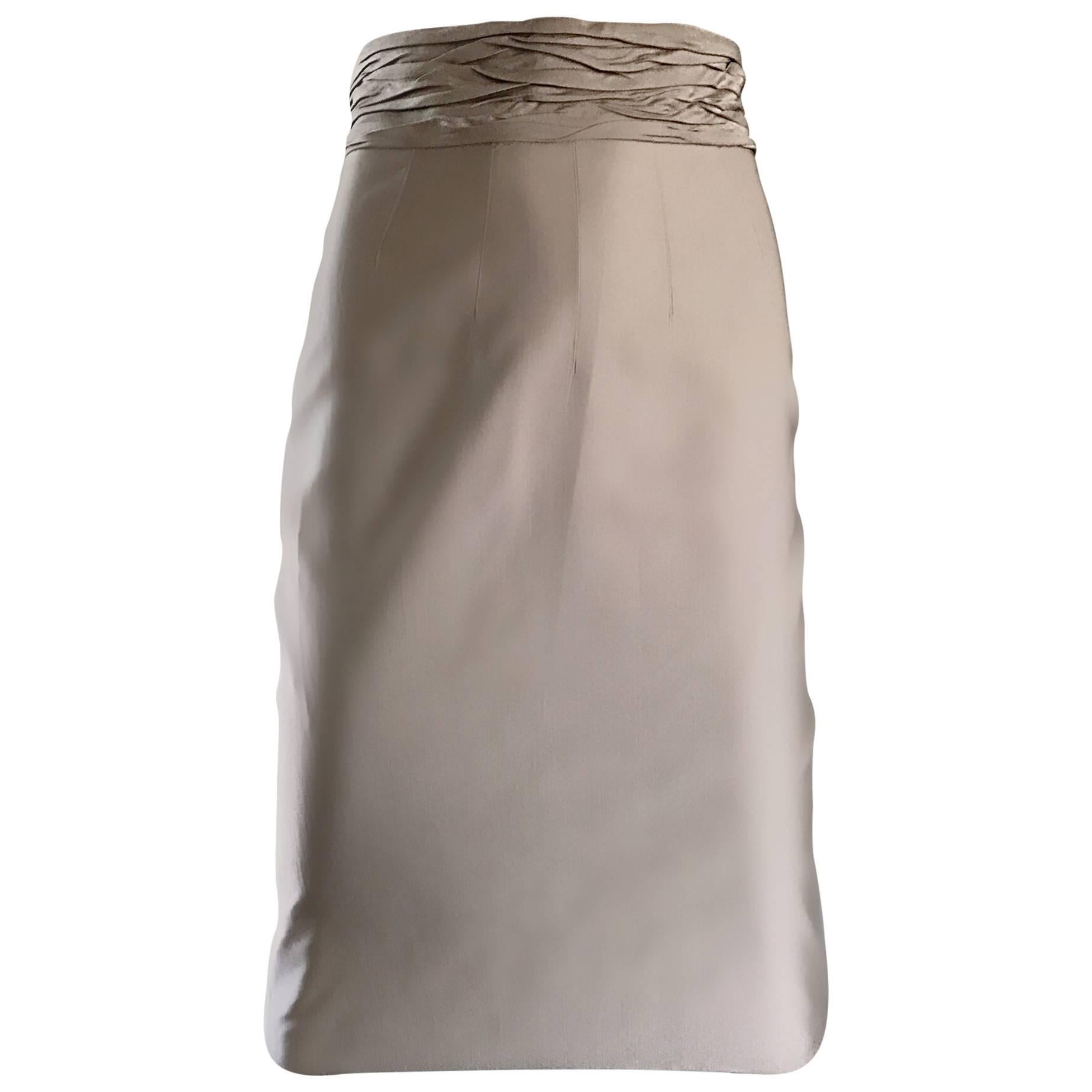 Prada Vintage 1990s Runway Khaki High Waisted 90s Fitted Pencil Skirt  For Sale