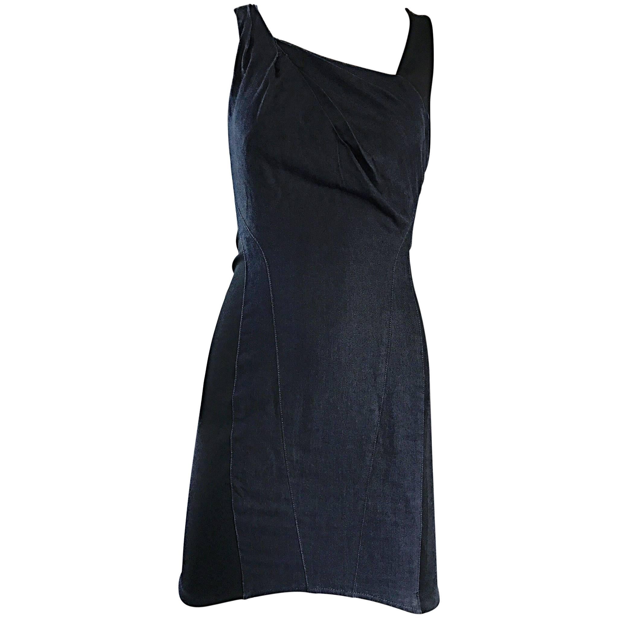 1990s Helmut Lang Indigo Denim and Black Vintage Bodycon ' Bondage ' 90s Dress  For Sale