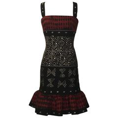 Oscar de la Renta Red Black Tribal Print Dress Ruffle Bottom and Bangle Bracelet