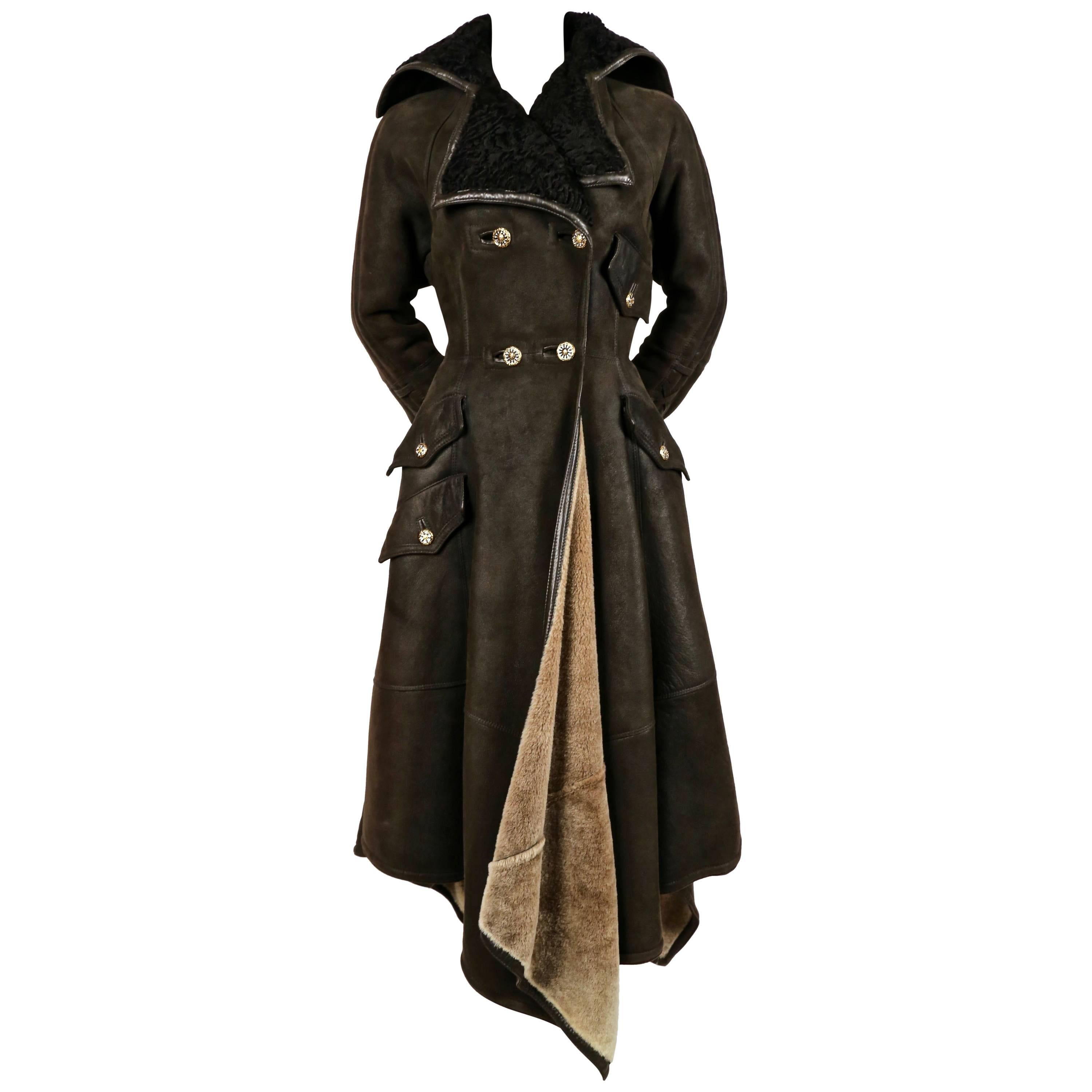 1993 GIANNI VERSACE olive shearling runwy coat with Astrakhan trim