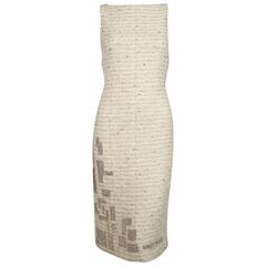 GENNY cream boucle sheath dress with chainmail detail
