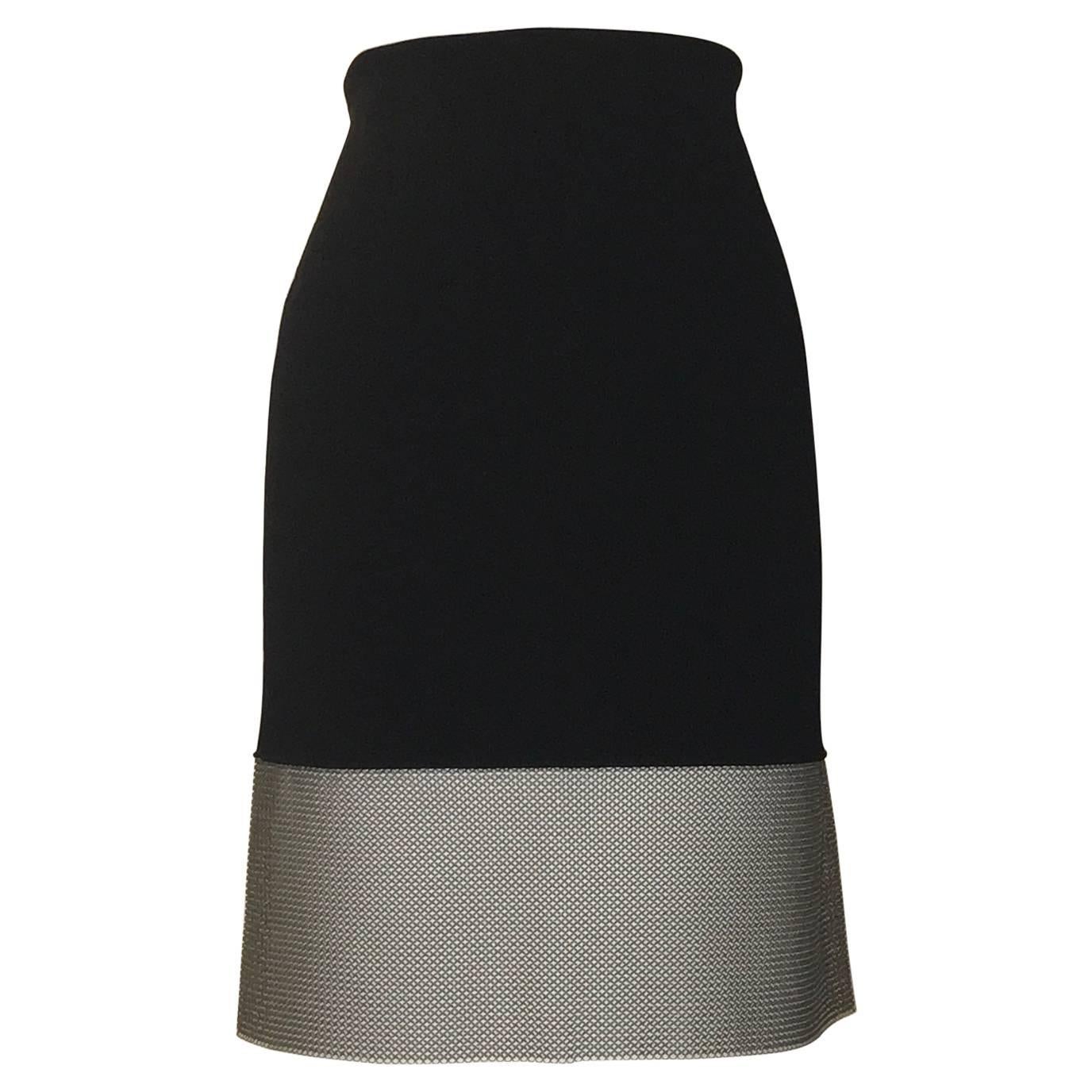 Paco Rabanne Black Knit Bodycon Pencil Skirt with Silver Mesh Chainmail Trim