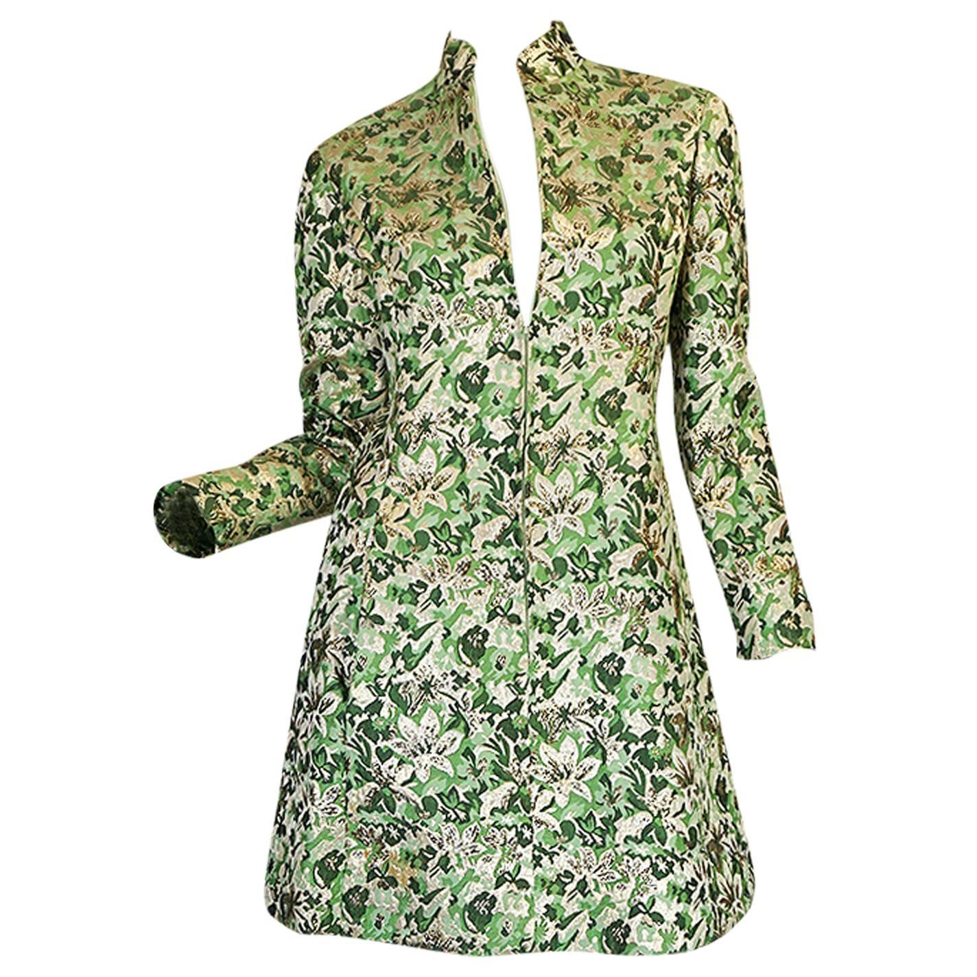 1960s Ceil Chapman Green Metallic Silk Brocade Mini Dress