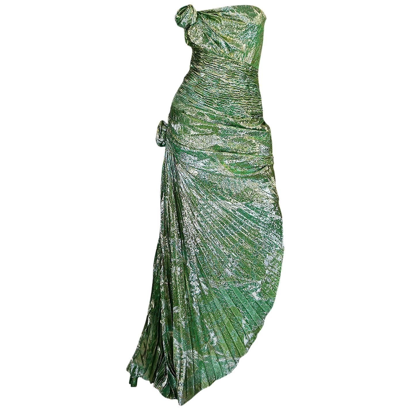 Incredible 1980s Green & Gold Silk Metallic Ungaro Dress