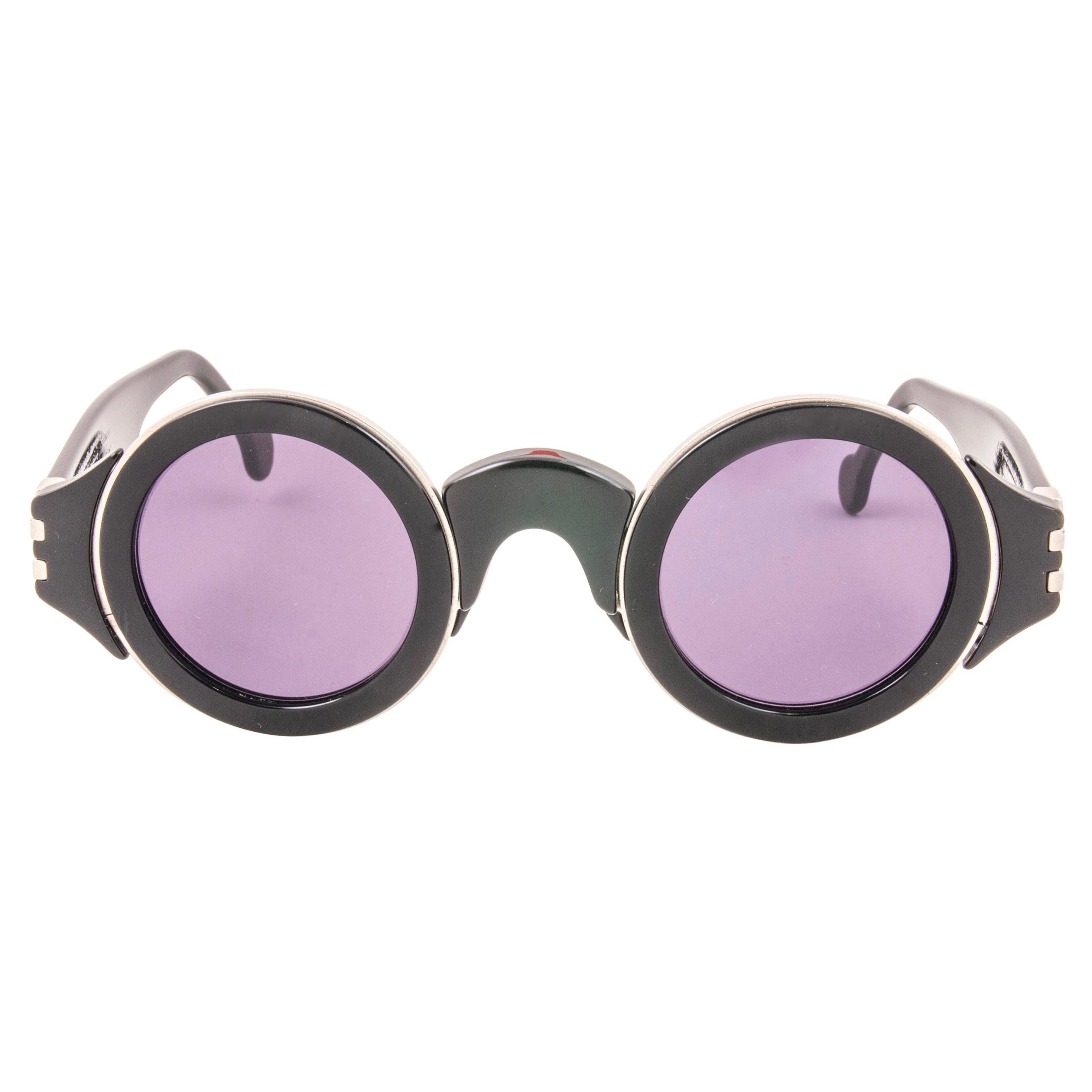 Karl Lagerfeld Vintage Round Black and Silver Sunglasses Made In Germany, 1980s For Sale