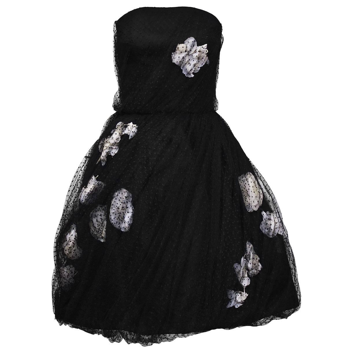 1960's Haute Couture Scherrer Strapless Black and White Tulle Dress For Sale