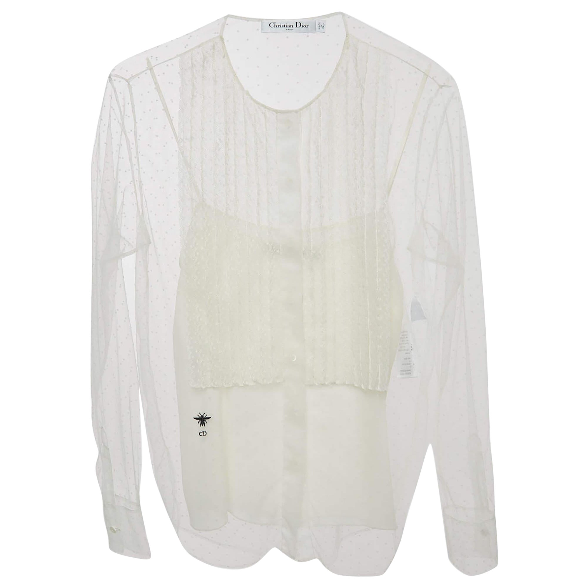 Christian Dior White Dotted Tulle Blouse S For Sale