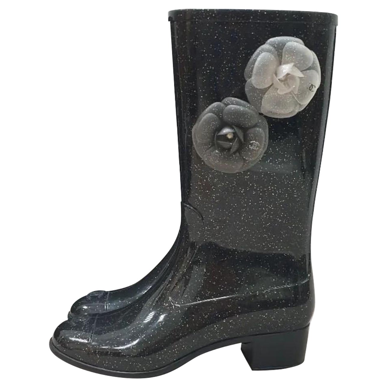 CHANEL Camellia CC Logo Glitter Rain Boots