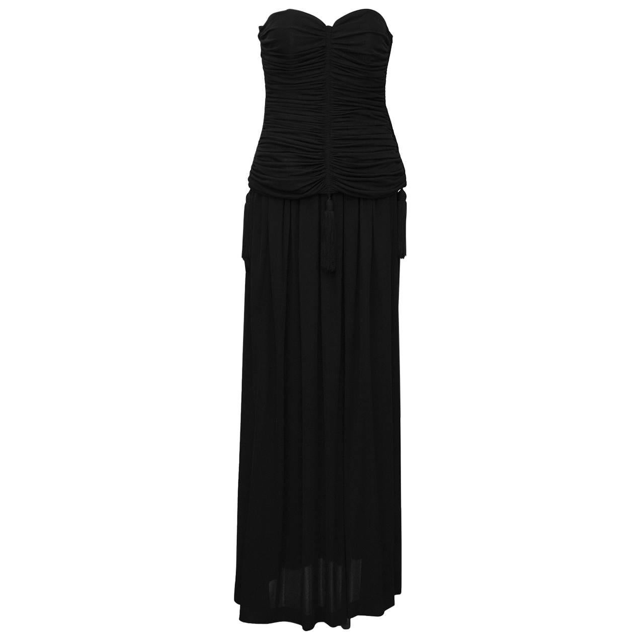 1980's Yves Saint Laurent YSL Black Jersey 2 PC Gown With Tassels For Sale