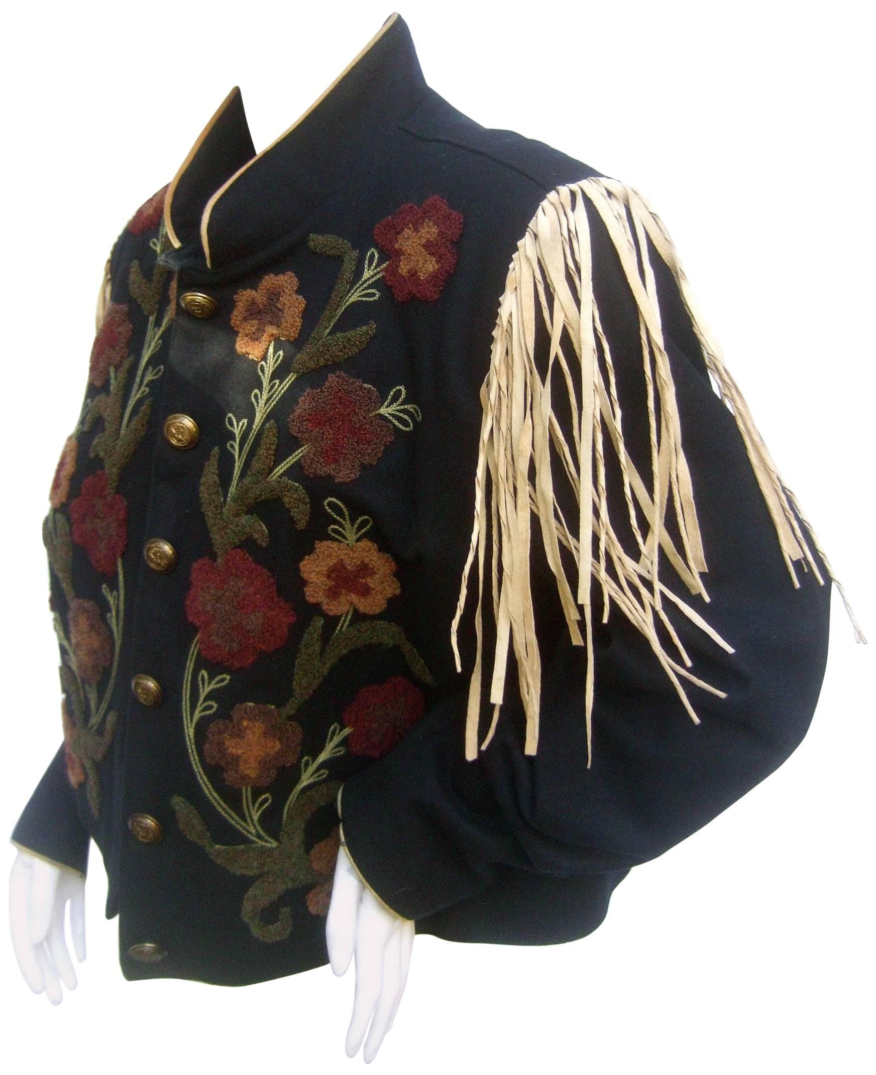 Southwestern Black Wool Applique Fringe Jacket c 1990s