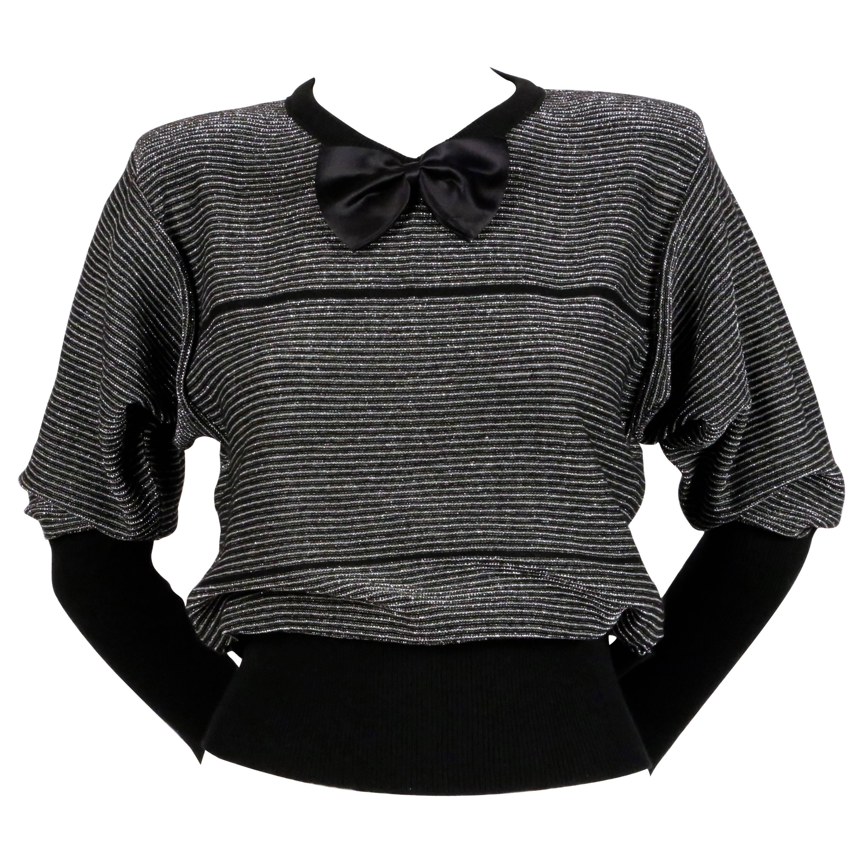 1970's SONIA RYKIEL black and silver lurex striped sweater with satin bowtie