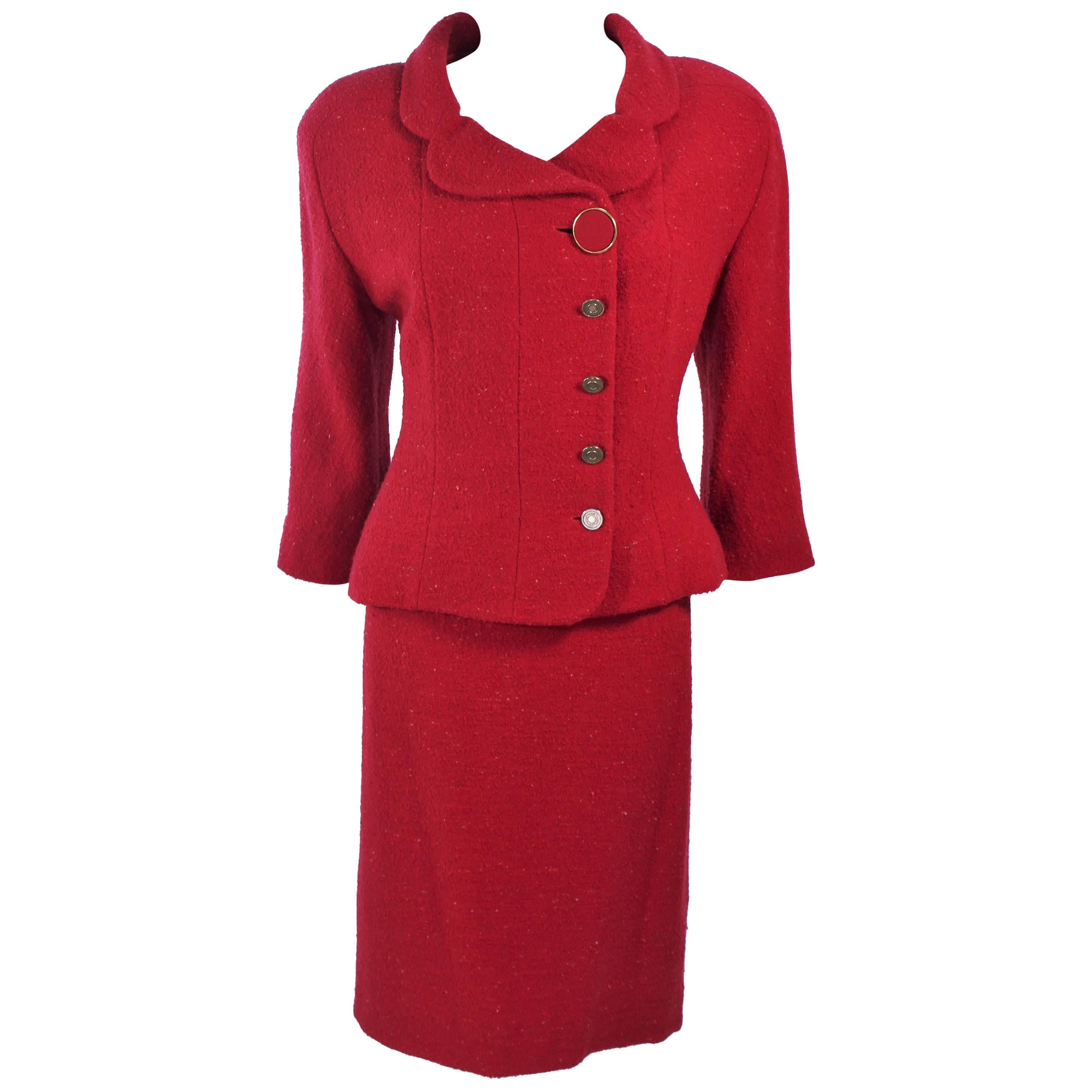 KARL LAGERFELD Red Boucle Skirt Suit Size 14 For Sale