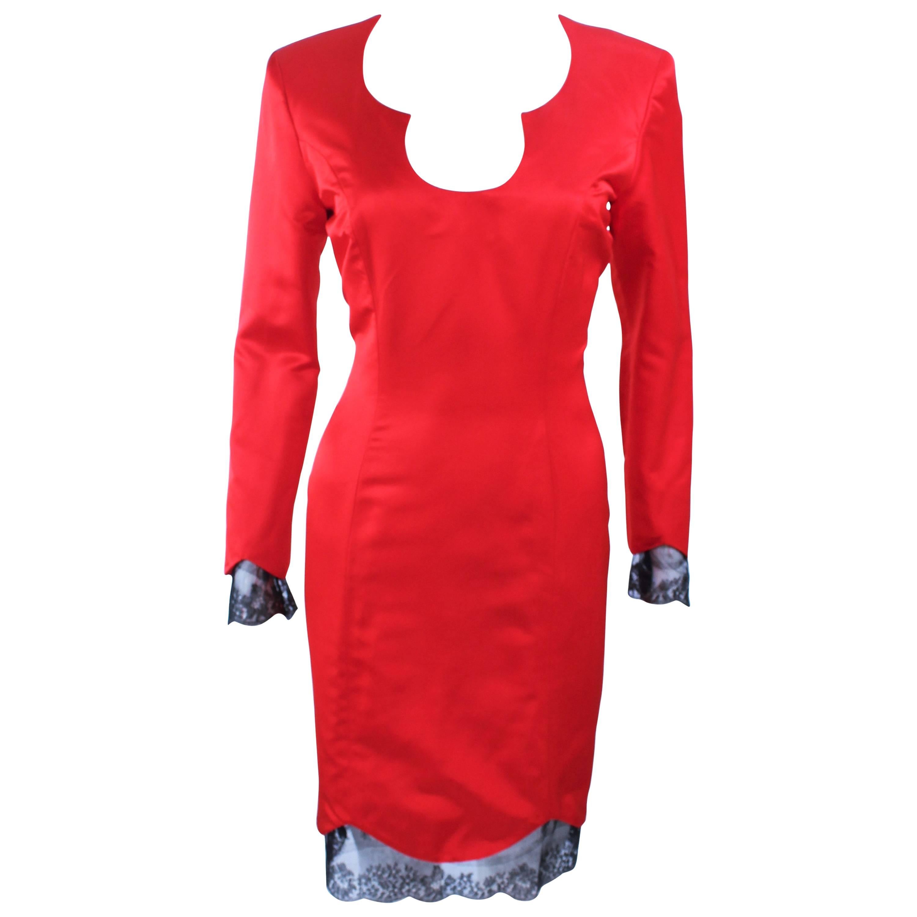 TED HEYMAN Red Silk Cocktail Dress with Lace Trim Size 8 For Sale