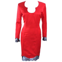 TED HEYMAN Red Silk Cocktail Dress with Lace Trim Size 8