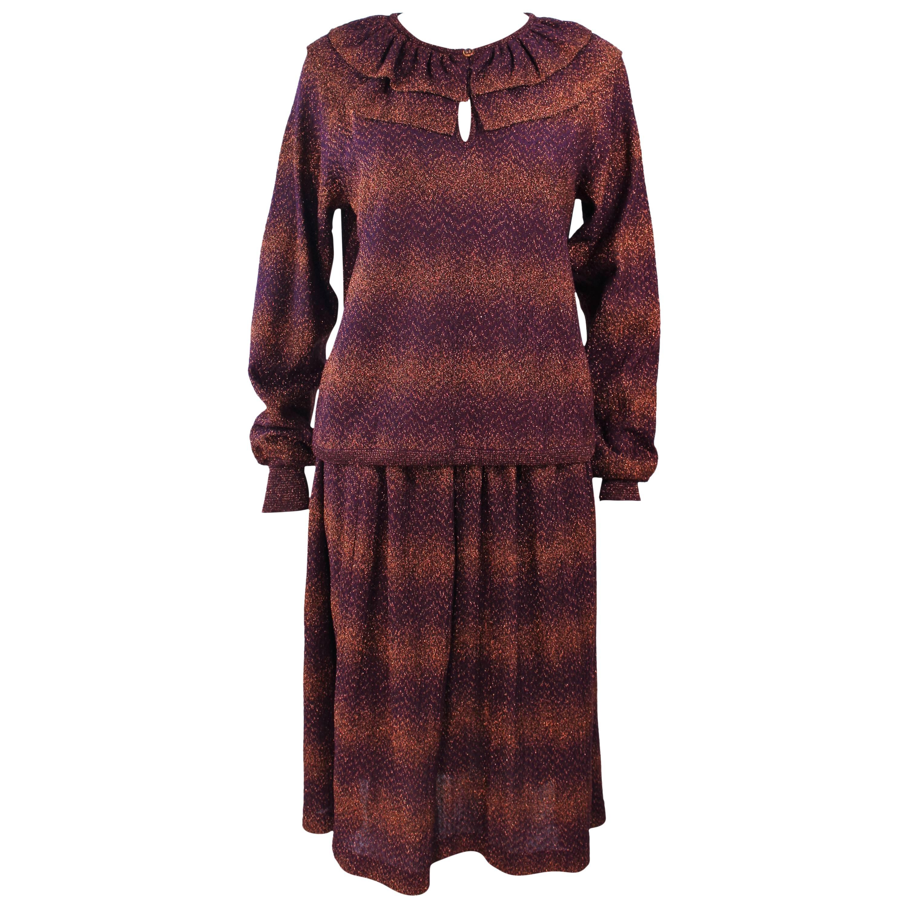 MISSONI Bronze and Purple Metallic Knit Skirt Set Size 8 For Sale