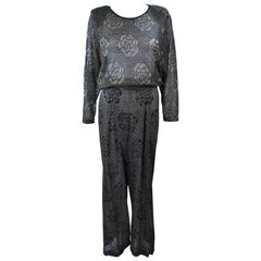 Ensemble pantalon MISSONI en maille métallique à fleurs noires et or taille M-L 46