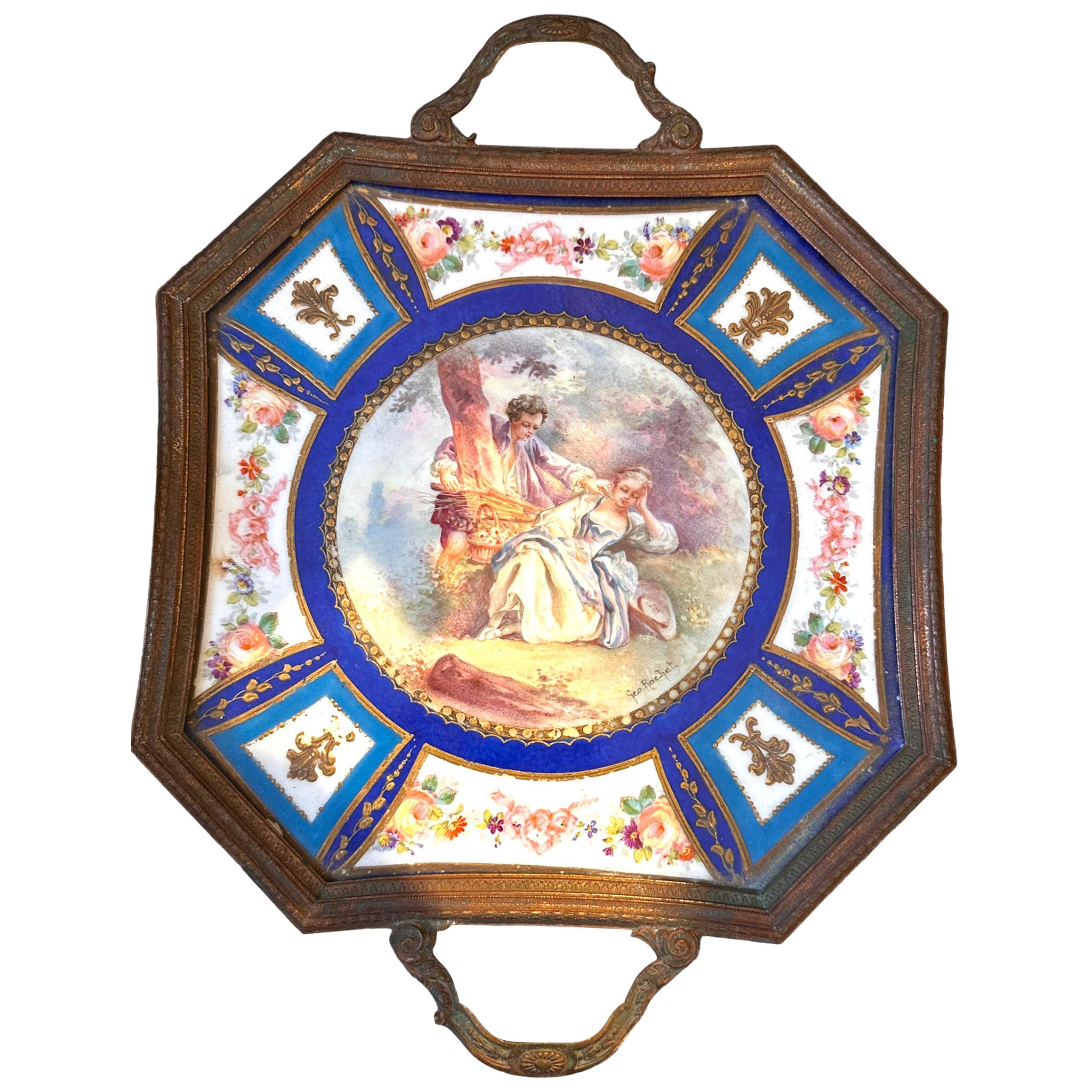 Morphew Abode Mid 19Th Century Sevres Hand Printed Porcelain Tray With Metal Fr For Sale