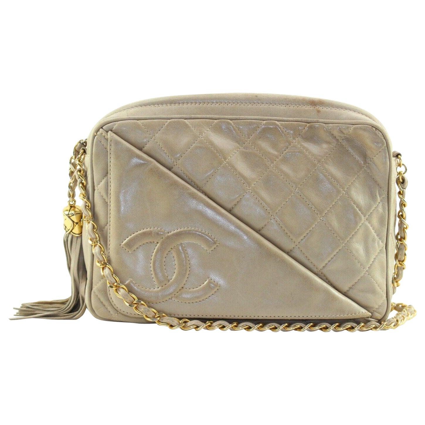 Chanel Beige Quilted Lambskin CC Camera Bag Diagonal Flap Gold Plated 6CK1220K For Sale
