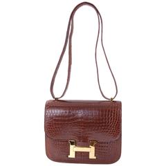 Hermes 18cm Mini Constance Bag Double Gusset Shiny Porosus Crocodile in Cognac