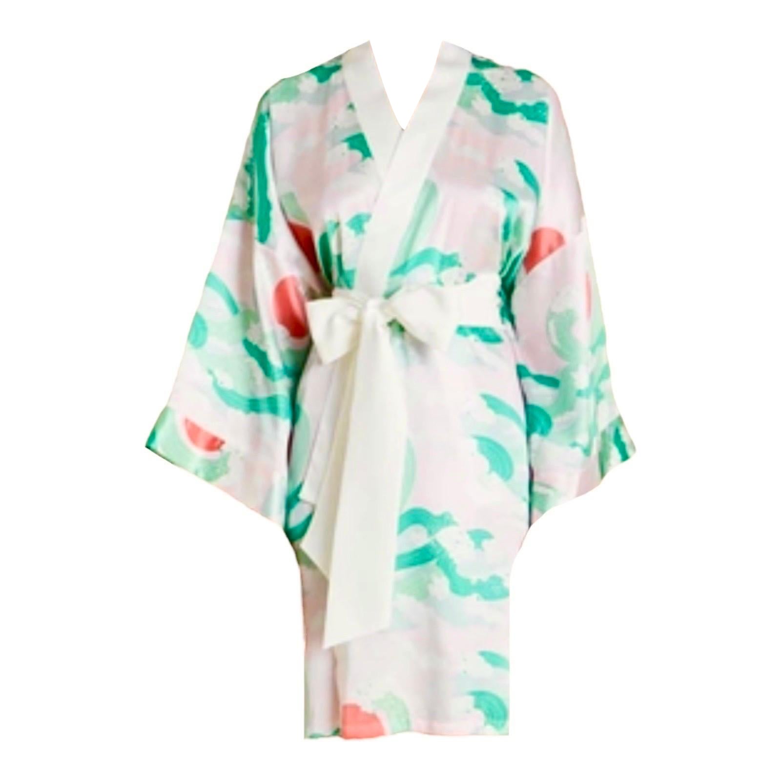 NEW Olivia von Halle Blush Japanese Print Silk Dressing Gown Kimono Robe OS