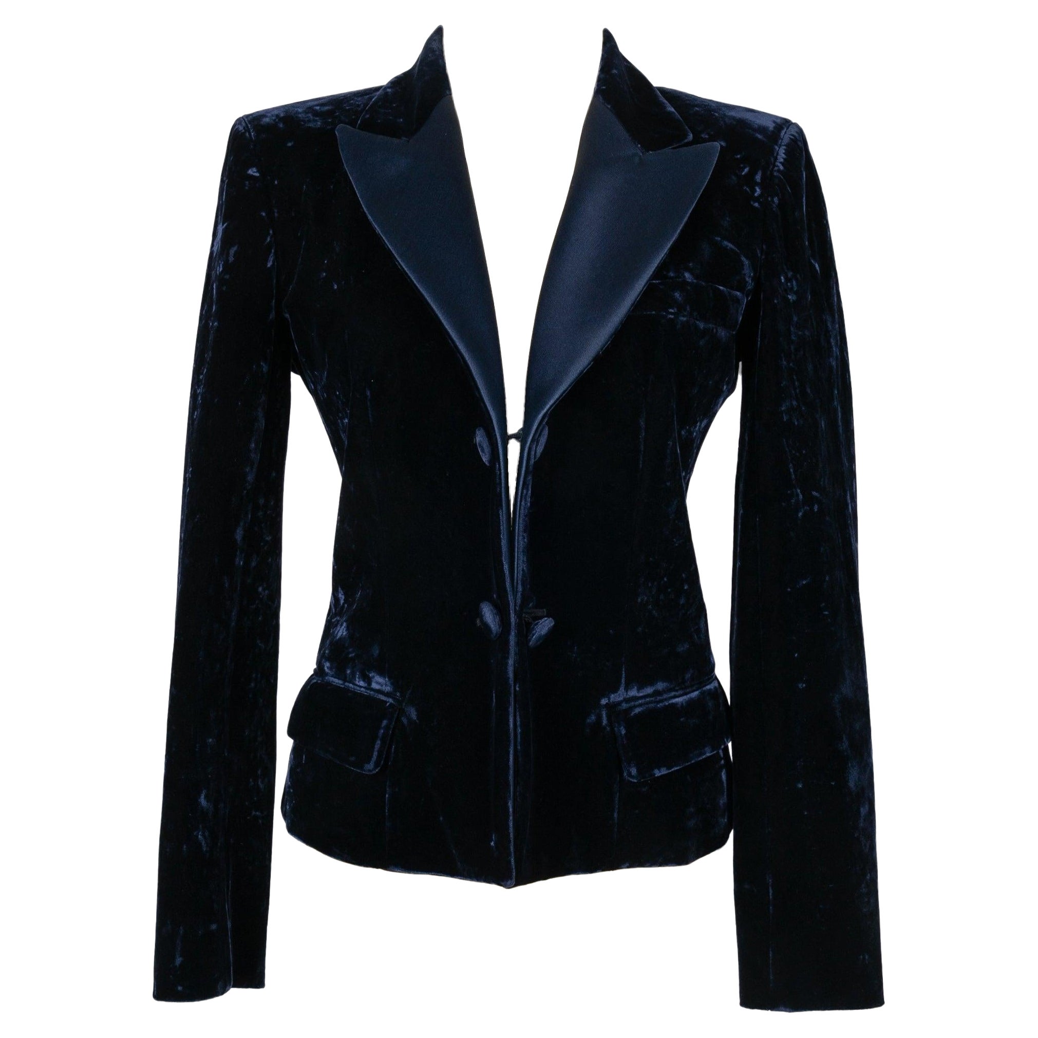 Yves Saint Laurent Dark-Blue Velvet Jacket with Satin Collar Reverse For Sale