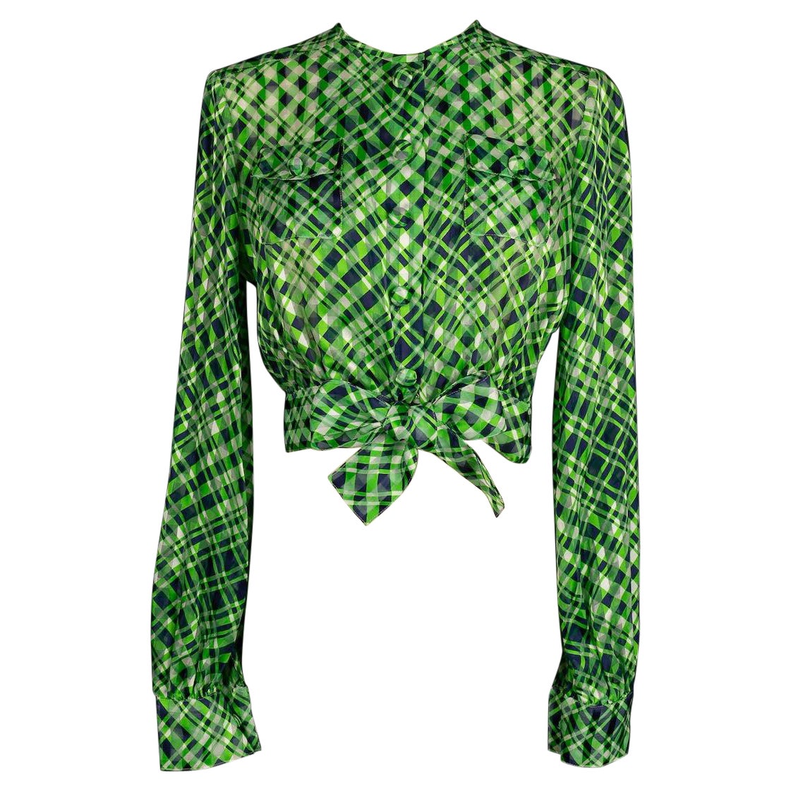 Pretty Vintage Green and Blue Blouse, 1960s  For Sale