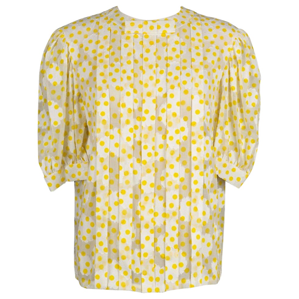 Weiße Vintage-Bluse mit gelben Tupfenmuster und Tupfen im Angebot