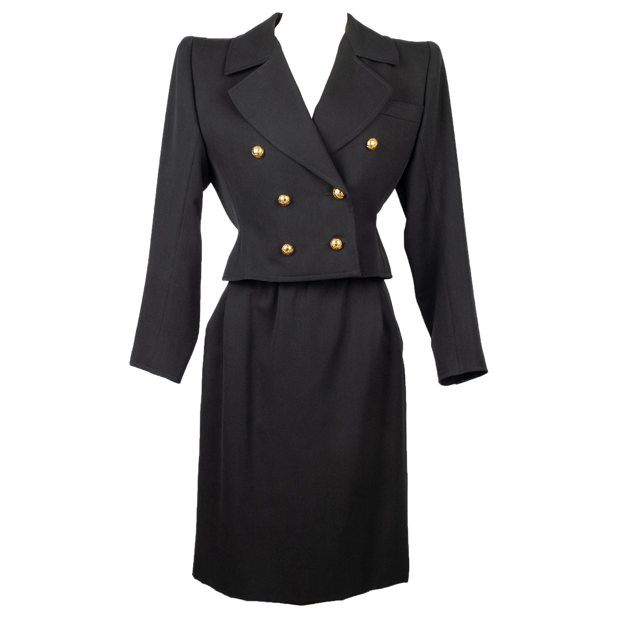 Yves Saint Laurent Black Skirt Suit Enlivened with Satin Belt Haute Couture