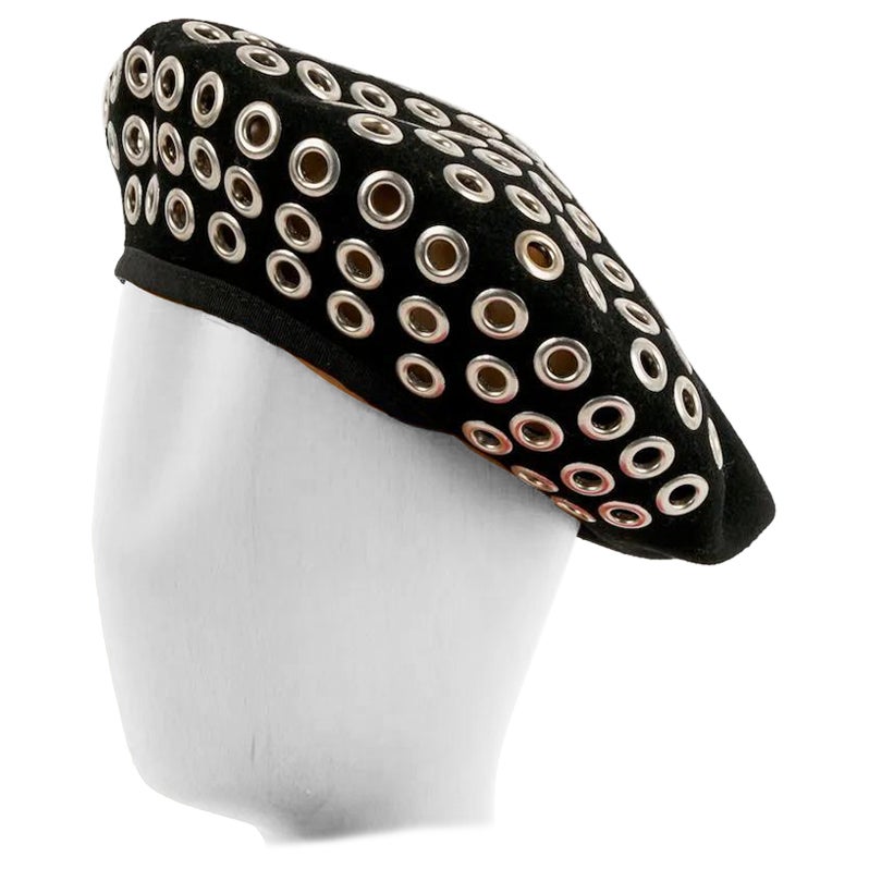 Alaïa Hat / Beret in Black Virgin Wool Embellished with Silver Rivets For Sale