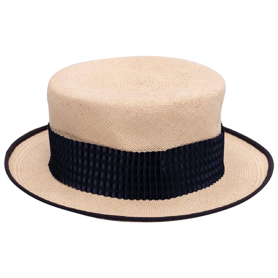 Yves Saint Laurent Boater Hat Decorated with a Pleated Navy Blue Ribbon For Sale
