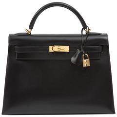 Hermes Kelly Black Box Calf Bag in 32cm.