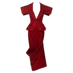 Vintage Christian Dior by John Galliano Red Floral Damask Evening Ensemble, fw 1997