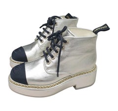 Chanel Gold Leather Chain Pointed Toe Lace Up Ankle Boots