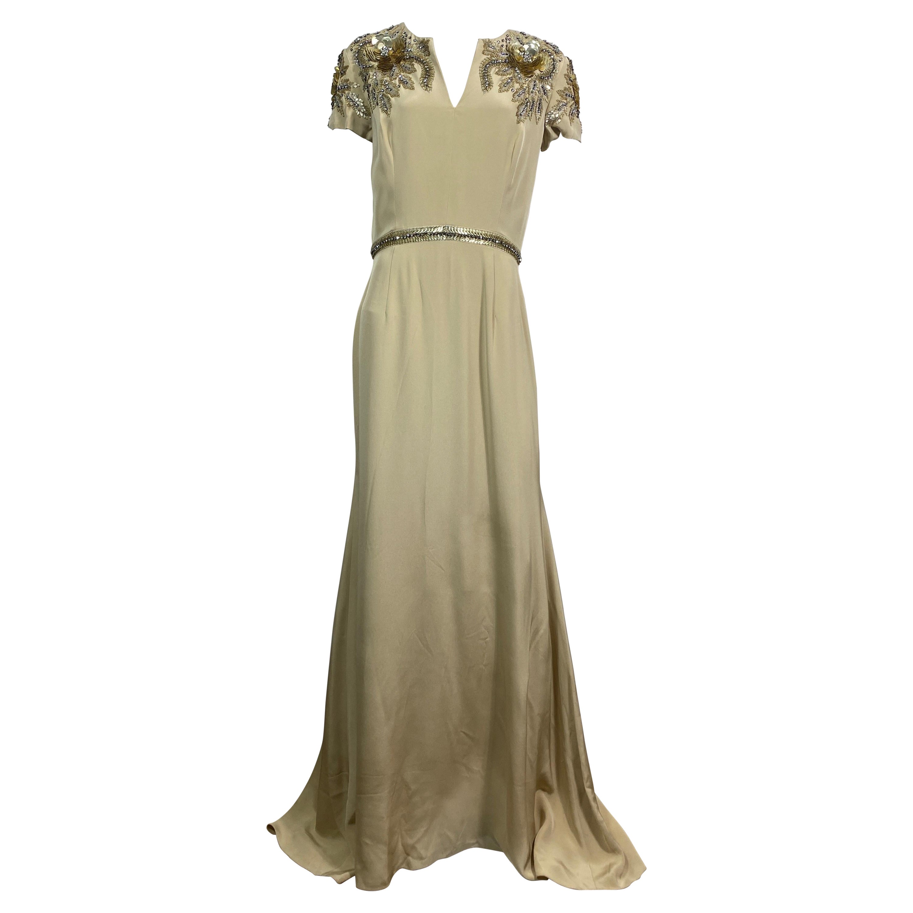 Naeem Kahn Heavily Embellished Champagne Silk Gown-Size 10 For Sale