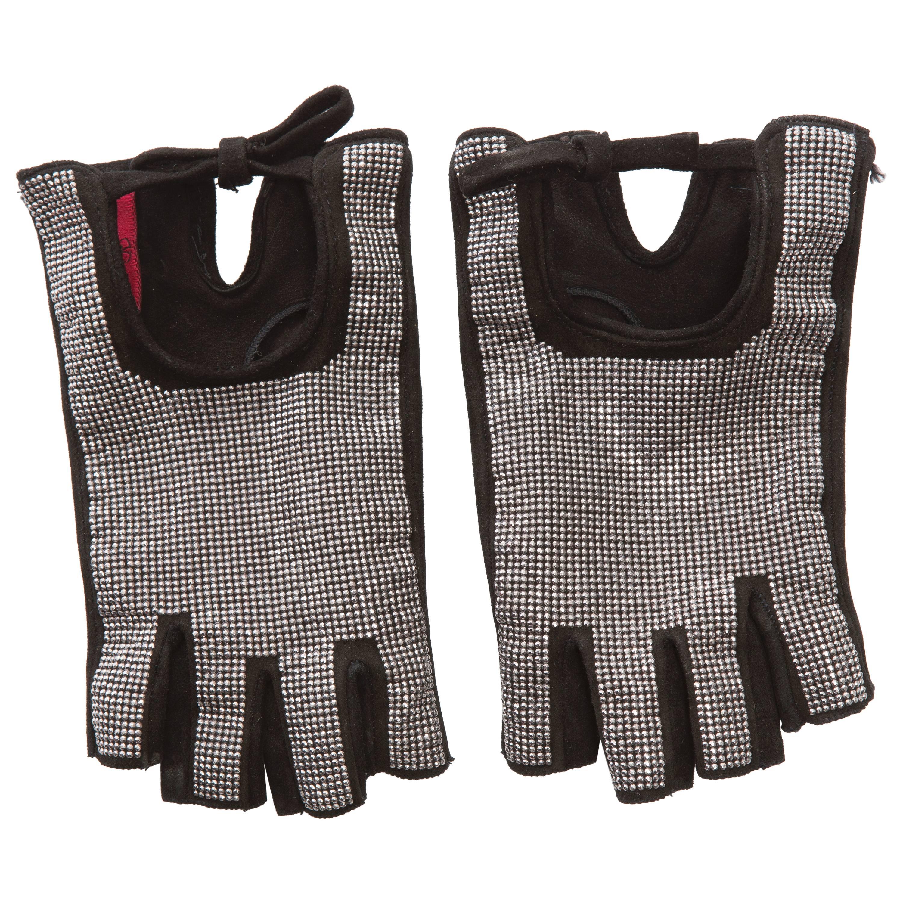 Valentino Black Suede Fingerless Gloves With Silver Metallic Studs