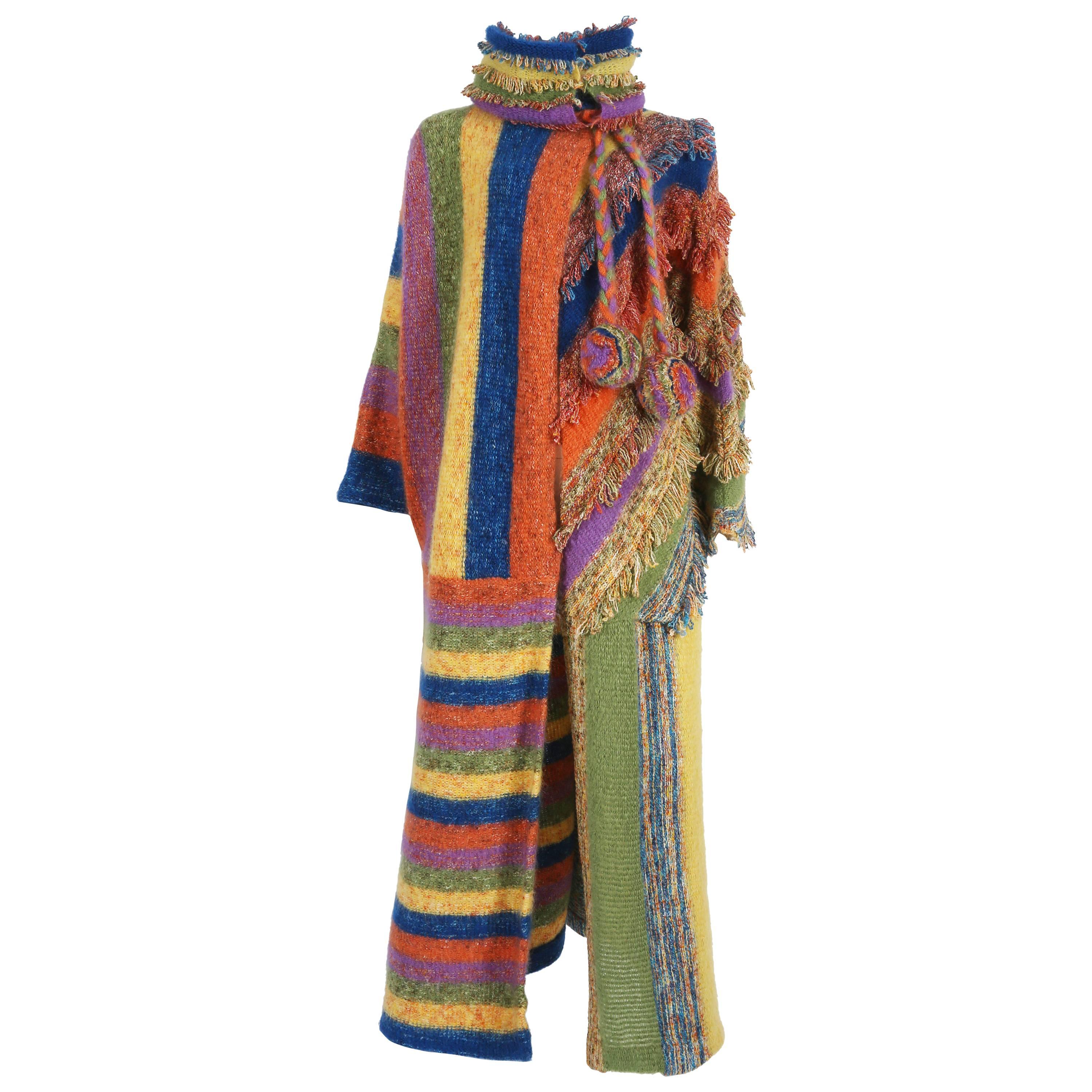 Multicoloured striped knitted winter coat, circa 1970s