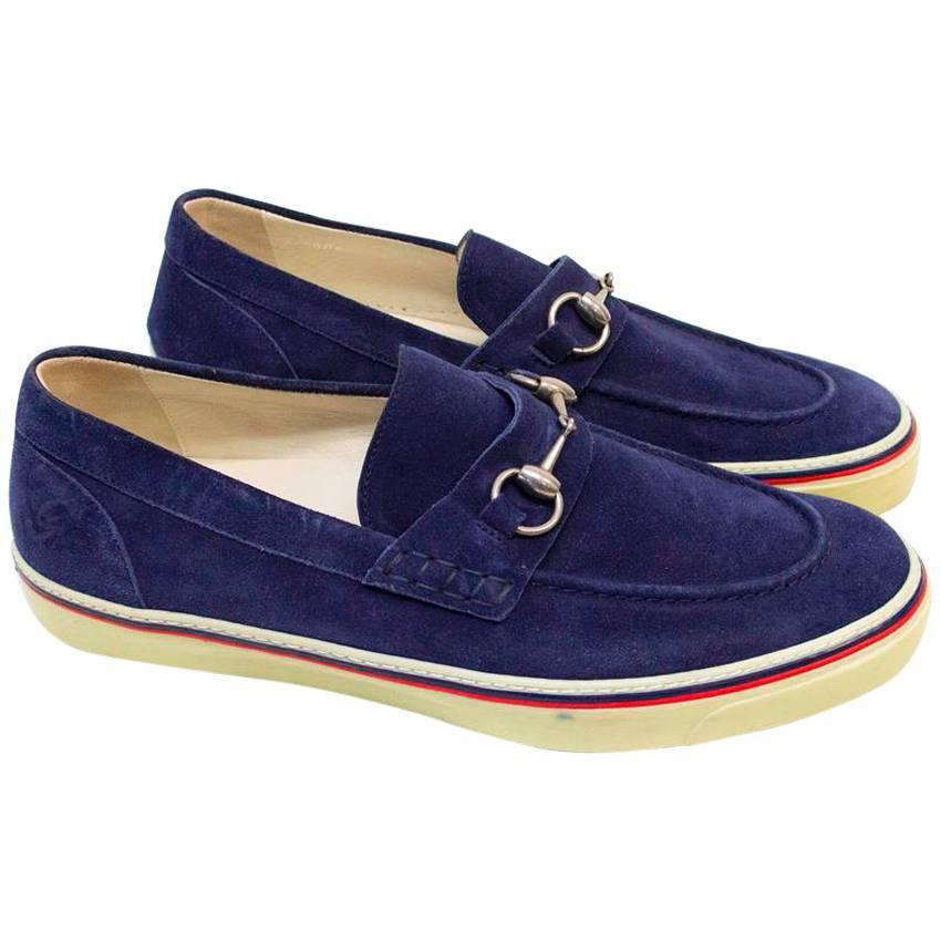  Gucci Navy Suede Loafers with Silver Buckle For Sale